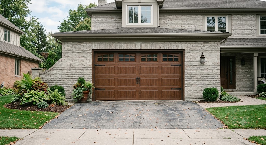 Wood-grain carriage-style garage door with decorative hardware on a brick home, new wood-look garage door installation Ottawa